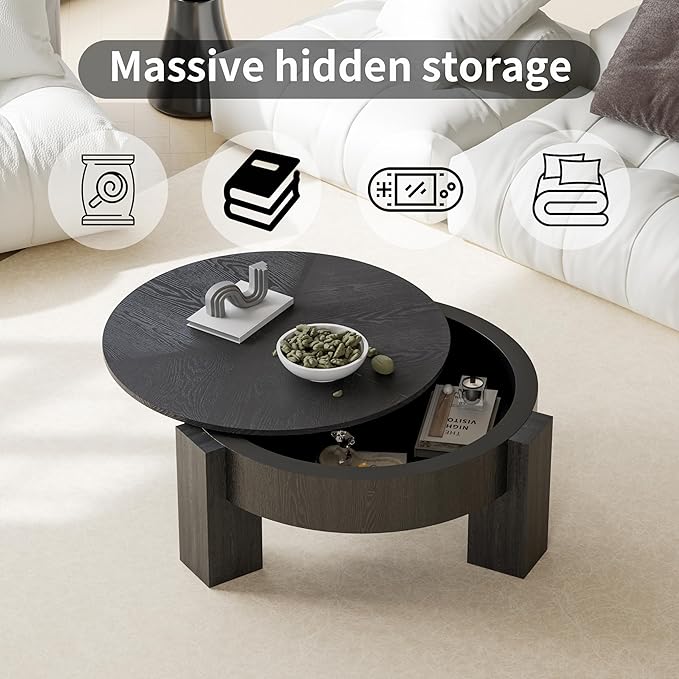 33'' Round Coffee Table with Hidden Storage, Modern Wood Veneer Top, 3 Block Legs Sturdy Center Accent Table for Living Room, Small Space, Black