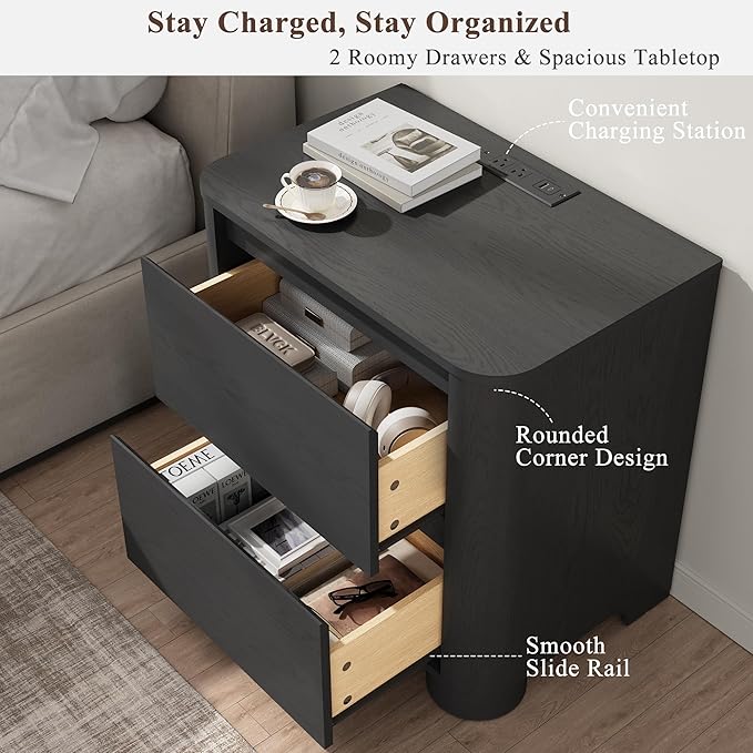 Black Nightstands Set of 2 with Charging Station, 23.6" Modern Night Stand with Unique Thickened Foot and 2 Storage Drawers, Bedside Table with Rounded Corner Design for Bedroom