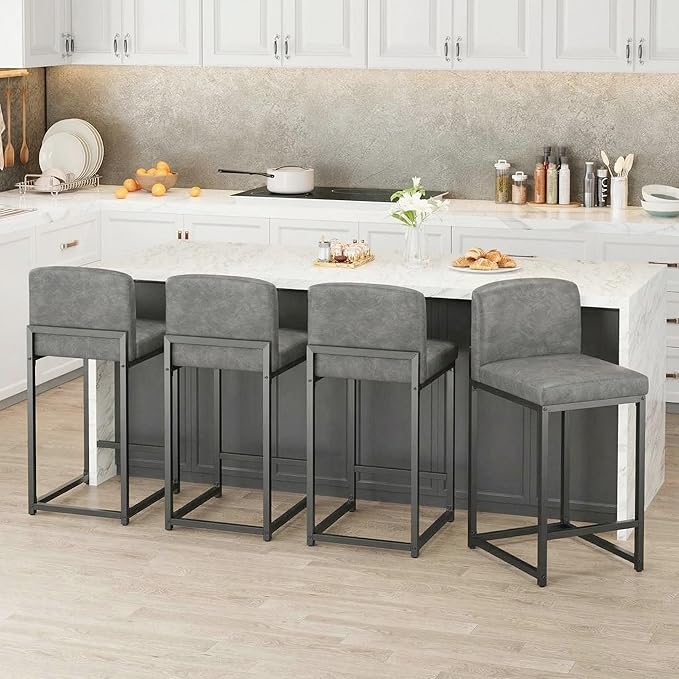 GarveeHome Bar Stools Set of 6, Modern Counter Height Bar Stools with Back and Footrest, Faux Leather Upholstered Barstools Chairs for Kitchen Island Dining Room Bar, Grey