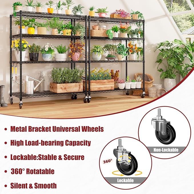 PrimeZone 4 Packs 55.5" W x 24" D x 80" H Heavy Duty Wire Storage Shelves with Wheels, 4 Tier Adjustable NSF Commercial Garage Shelving Unit, Rolling Metal Organizer Shelf Rack for Warehouse, Pantry