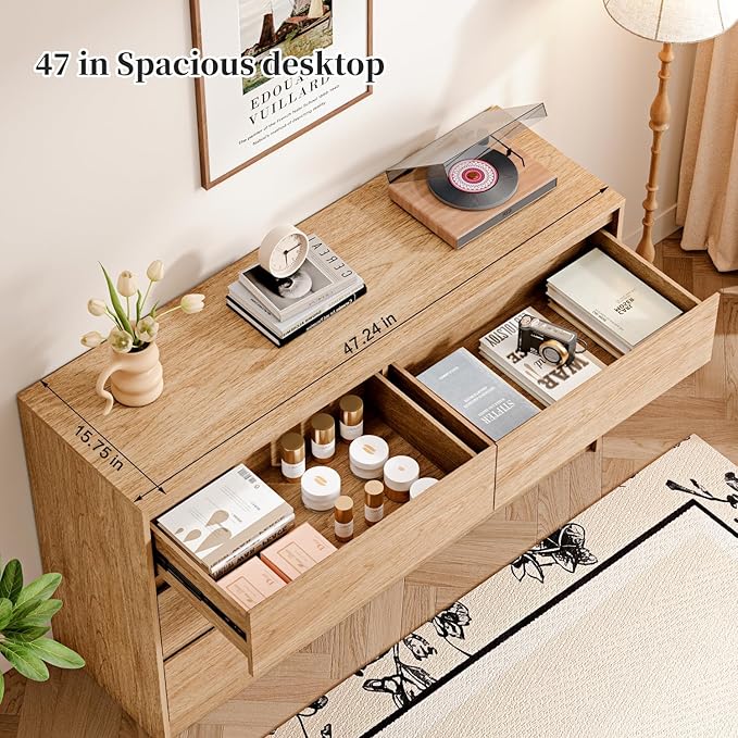 Chrangmay 6 Drawer Dresser,47" Wide Mid Century Chest of Drawers,Wooden Bedroom Drawer Dresser with 6 Storage Drawers for Bedroom,Living Room,with Anti-Tipping Device,Natural
