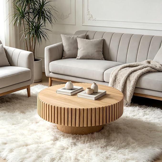 KEVINSPACE Round Coffee Table, 39" Big Wooden Fluted Coffee Table with Fluted Base, Circle Accent Center Table for Living Room Apartment Office Small Space, Easy Assembly, Wood