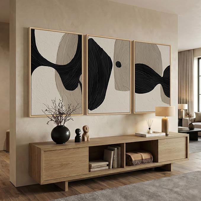 Large Framed Neutral Abstract Wall Art for Living Room, 3 Piece Black and Beige Canvas Artwork for Walls, Abstract Modern Minimalist Painting Prints Wall Decor for Bedroom Dining Room Office, 24x36 In