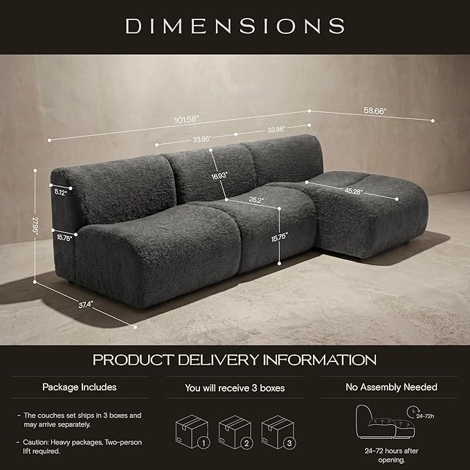 Curved Sectional Couch with Chaise Lounge, 3-Seat Reversible L Shaped Sofa, Deep Seat Sherpa Boneless Modular Couches for Living Room, 101" Modern Curved Sofas – No Assembly, Grey