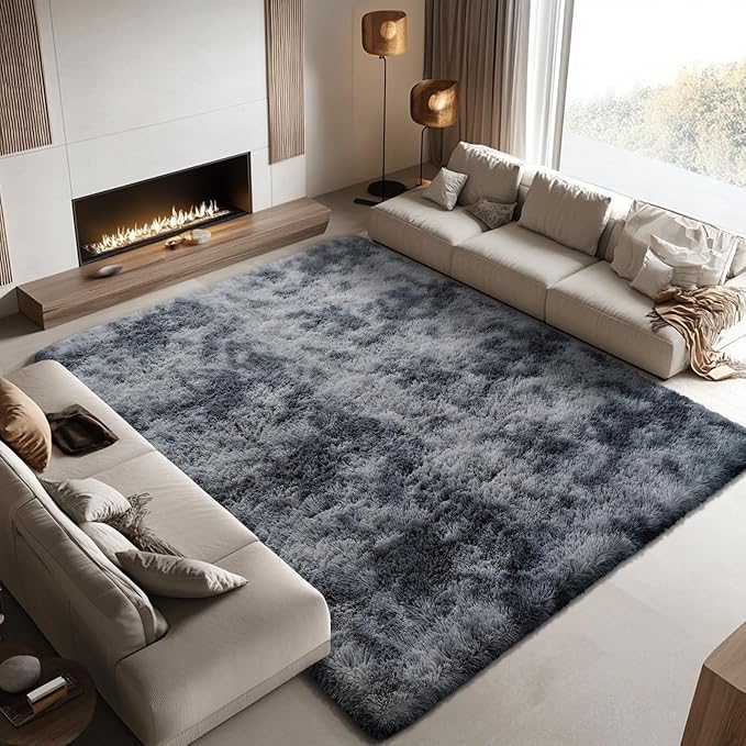 Area Rugs 10x14 Living Room, Shaggy Carpet Soft Plush Furry Bedside Rug Large Area Rugs for Bedroom Kids Girls Boys Home Decor Anti Slip(10 x 14, Dark Grey Tie-Dyed)