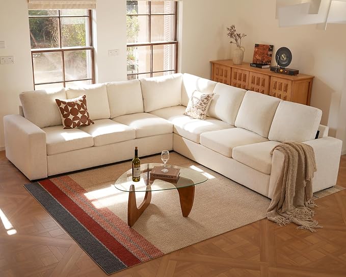 ELUCHANG 113" V-Shaped Modular Sectional Sofa Couch, Modern 7-Seat Comfy Linen Deep Seat Sofa with Corner, Removable Cover, Easy Assembly, Large Sofas & Couches for Living Room, Office, Beige | Spring Cushions, Easy to Clean, Deep Seat