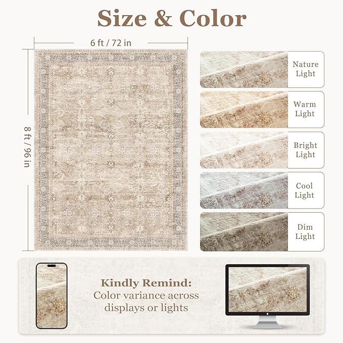 Living Room Rugs 6x8, Vintage Neutral Area Rugs for Bedroom Dining Room, Washable Non Slip Low Pile Thin Carpet Rug for Playroom Guest Room Home Office, Farmhouse Earth Tone Beige Taupe
