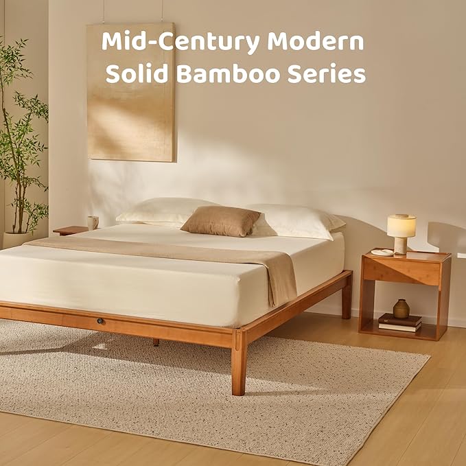 RECCI Solid Bamboo Nightstand, Sustainable Curved Classic Mid-Century Modern Wood Bedside Table with Soft-Close Drawer, Handle-Free Design, Open Shelf Storage, No Assembly Required (Walnut)