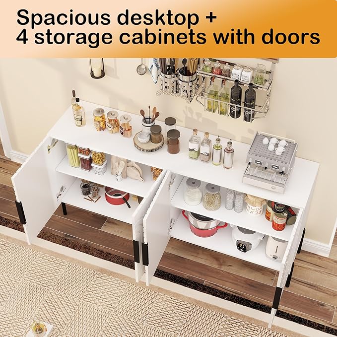 Fluted Sideboard Buffet Cabinet: 63" Modern White Sideboard Cabinet with Storage, Dining Room Credenza with 4 Doors, Living Room Console Table with Cabinets (White)