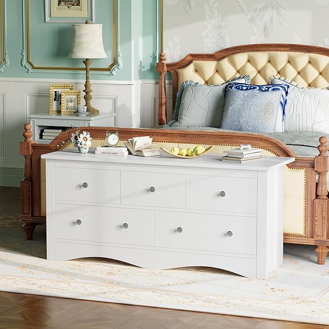 Furmax 5 Dresser for Bedroom, Wood Dresser, Chest of Drawers, for TV up to 65 inch, TV Stand Storage Chest of Drawers for Hallway, Entryway, Living Room (White)