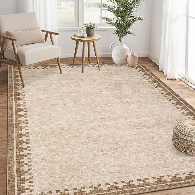 GarveeHome Brown Bordered 10x13 Large Area Rug for Living Room Home Offcie Modern Geometric Washable Indoor Carpet Minimalist Neutral Low Pile Bedroom Rug, Beige