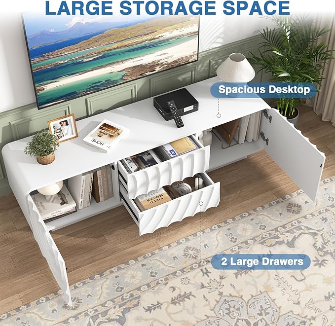 58'' TV Stand for 65 Inch TV, Modern Spiral Wave Media Console with Storage Cabinet and 2 Drawers, Low Profile Entertainment Center for Living Room Bedroom (White)