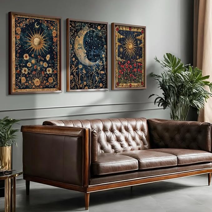 Tocliky Moon Sun Gothic Wall Art Tarot Card Celestial Canvas Poster Witchy Vintage Wall Decor Boho Floral Aesthetic Painting Dark Academia Mystical Astrology Posters for Bedroom 12x16x3 Inch Unframed