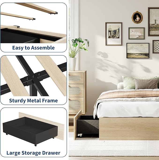 GarveeHome Twin Size Wood Platform Bed Frame with 2 Storage Drawers, Wooden Bed Frame Without Headboard, Wood Slat Support, No Box Spring Needed, Easy Assembly