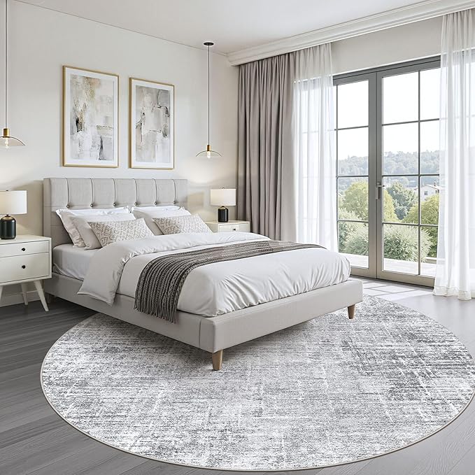 10ft Round Rug Living Room: 10x10 Washable Large Neutral Grey Circle Area Rug Abstract Soft Modern Stain Resistant Indoor Floor Non-Slip Carpet for Bedroom Nursery Kids Office Playroom Dining Room