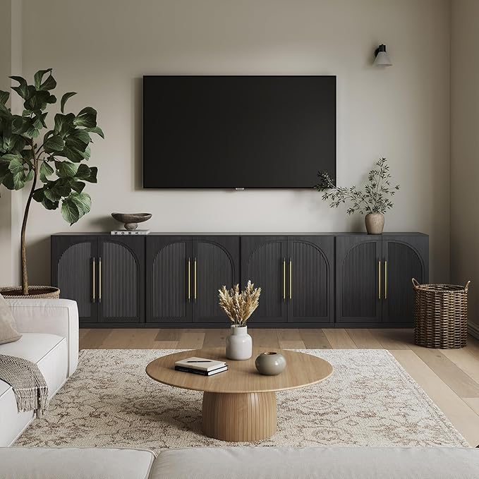 Belleze 4-Piece Modular TV Stand Set -Fluted Entertainment Center with Double-Arc Door,Modern Sideboards With Storage and Adjustable Shelves,Classic Media Console Table Cabinet For Living Room (Ebony)