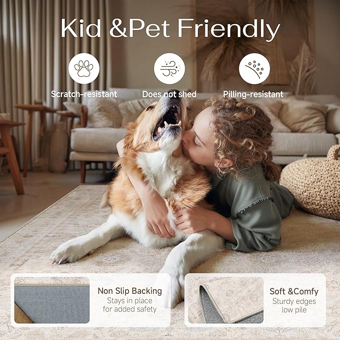2x3 Washable Neutral Area Rug for Entryway Beige Non Slip Soft Thin Throw Rug Floral Durable Low Pile Carpet Modern Stain Resistant Door Mat for Living Room Laundry Kitchen Office Playroom
