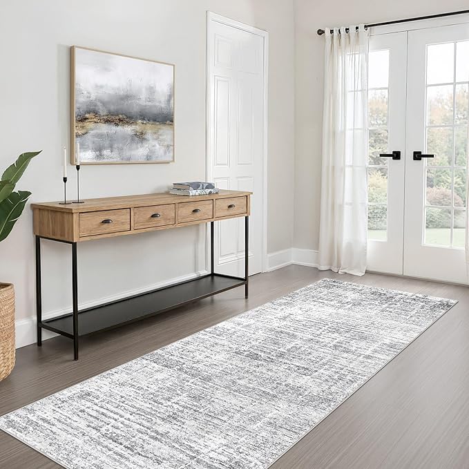 Runner Rug Non-Slip Kitchen Rug: 3x10 Washable Abstract Modern Soft Stain Resistant Indoor Floor Neutral Accent Throw Carpet for Hallway Bathroom Laundry Room Bedroom Entryway- Grey