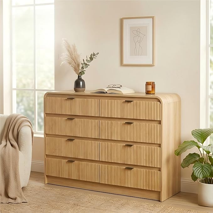 FURSUN Fluted 8 Drawers Dresser for Bedroom, 55" Wide Wooden Dresser with Metal Handle, Curved Profile Design, Modern Storage Organizer for Bedroom, Living Room, Hallway, Natural Oak