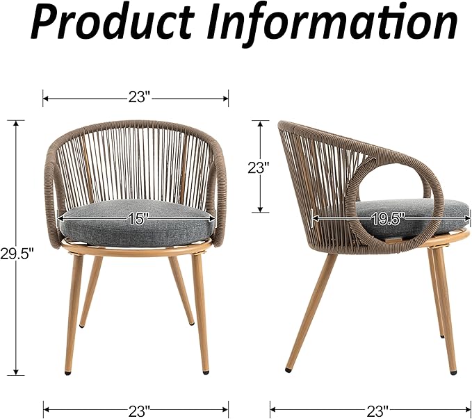 Modern Outdoor Dining Chair Set of 2 with Cushion, Scandinavian Rope Woven Patio Armchairs, Wood-Look Metal Frame, Weather-Resistant Balcony Backyard Dining Seating, Brown