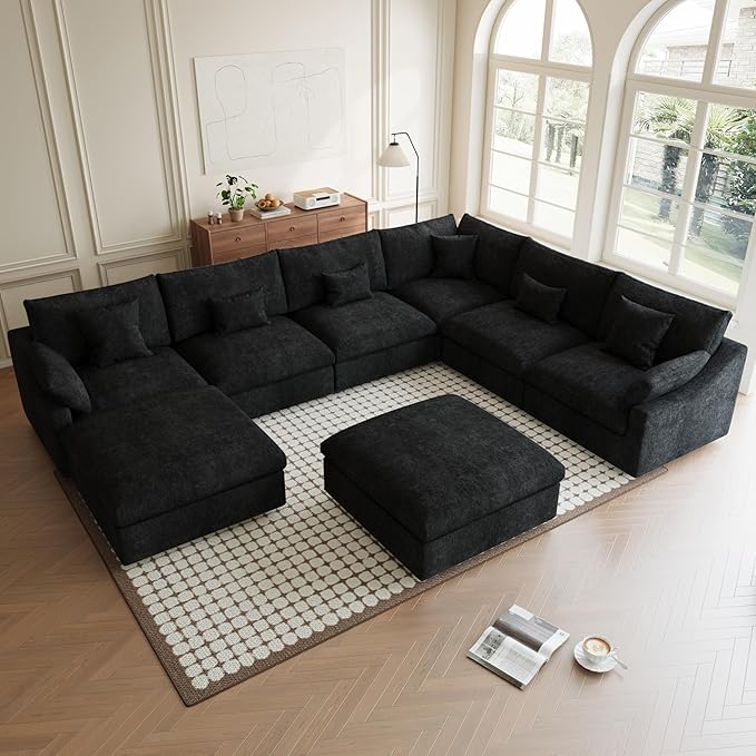 Modular Sectional Sofa Cloud Couch, Oversized 8 Seater Couch with Ottomans, Extra Large V Shaped Sofas Deep Seat Couches for Living Room, Sofa Covers Washable&Removable, Black