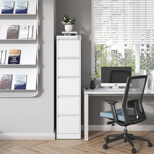 5 Drawer File Cabinet with Lock,Metal Vertical Filing Cabinets for Home Office,Heavy Duty File Storage Cabinet for Letter/Legal/A4/F4 Size File,Assembly Require (White, Vertical 5 Drawer)