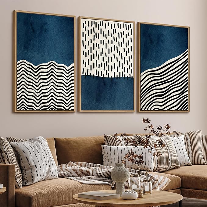 Framed Wall Art Canvas Set Mid Century Boho Picture Modern Abstract Geometric Lines Wall Decor Minimalist Black Indigo Canvas Painting Artwork Living Room Bedroom Home Office 24"x36"x3 Natural