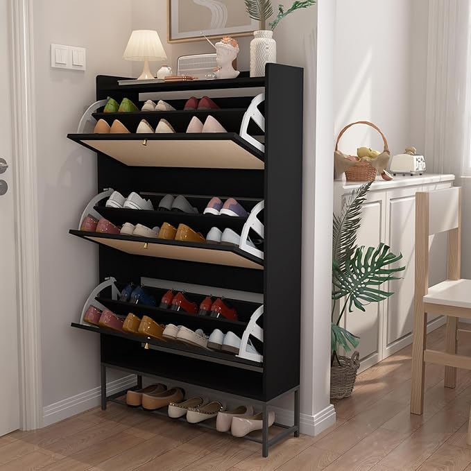 AVZEAR Shoe Cabinet, Shoe Cabinet Freestanding Tipping Bucket Shoe Rack Organizer with 3 Flip Drawers, Modern Entryway Narrow Shoe Rack for Entryway, Hallway, Bedroom (Black)