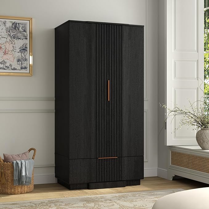 Yechen 67" Fluted Armoire Wardrobe Closet with Doors and Drawer Set of 2, Wooden Wardrobe Closet Cabinet with Adjustable Shelve, Modern Small Armoires Storage Clothes, Coats for Bedroom, 2pcs,Black