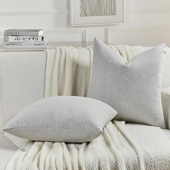 FUTEI Light Grey Chenille Decorative Throw Pillow Covers 16x16 Inch Set of 2,Soft Cozy Faux Linen Textured Cushion Case,Farmhouse Home Decor for Couch Living Room