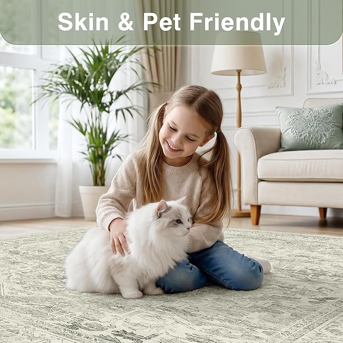 FMFUNCTEX 6x9 Washable Area Rug Green Neutral Distressed Oriental Vintage Large Non Slip Carpet for Living Room Bedroom Soft Low Pile Indoor Mat Retro Throw Rug for Dining Room Kitchen Office Nursery
