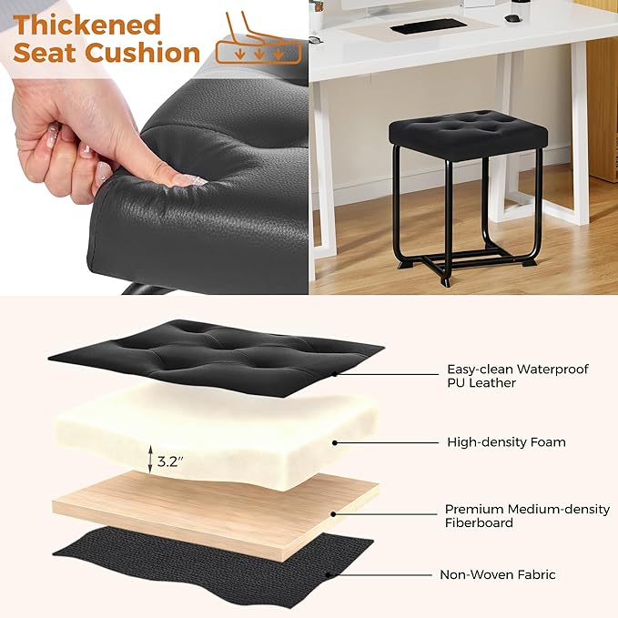 BEWISHOME Black Vanity Stool, Leather Vanity Stool, Small Stool Chair for Vanity, Square Ottoman Foot Stool, Makeup Vanity Chairs with Thick Padded Seat for Small Spaces, Bathroom, Bedroom, Entryway