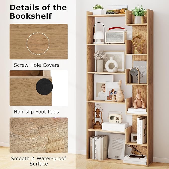 Tangkula 6-Tier Bookshelf, 64”H Tall Open Bookcase with Anti-Tip Kits, Home Office Free-Standing Wood Room Divider Display Book Shelf, Modern 11-Shelf Storage Rack for Study, Living Room (1, Natural)