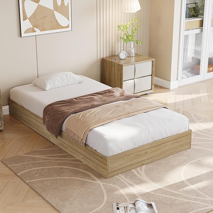 Wood Platform Bed with Sturdy Wooden Slats, Twin Size Floor-Standing Bed Frame, Modern Minimalist Design Space-Saving Bed Frame, No Box Spring Needed, Easy Assembly