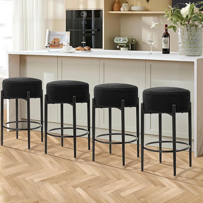 Murago Counter Height Bar Stools, Set of 4, 24" Modern Backless Bar Stools, Ideal for Kitchen Counter, Kitchen Island, Boucle Sherpa Padded Cover, with Round Soft Seat and Foot Rest, Black