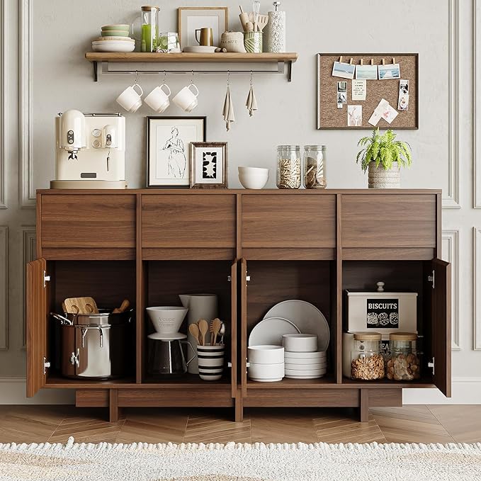 CHUWELL 55" Sideboard Buffet Cabinet,Walnut Coffee Bar Cabinet with 4 Sliding Doors and 4 Drawers,Minimalist Linear Design & Handleless Design Sideboard for Living Room