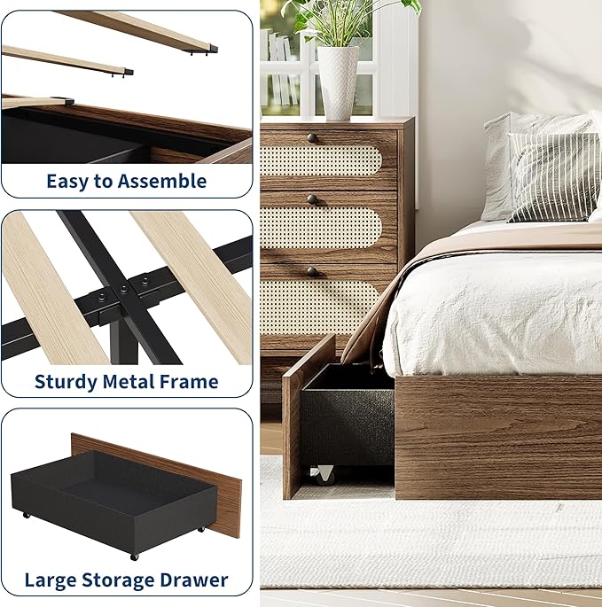 GarveeHome California King Wood Platform Bed Frame with 2 Storage Drawers, Wooden Bed Frame Without Headboard, Wood Slat Support, No Box Spring Needed, Easy Assembly