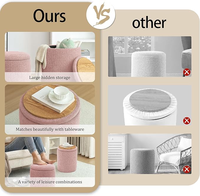 YSICK Round Ottoman with Storage, Set of 2, Small Vanity Stool as Vanity Chair, Corduroy Ottoman Foot Rest for Small Space, Living Room, Bedroom, Pink
