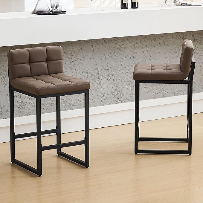 FIRAVOE Counter Height Bar Stools Set of 2, Modern Faux Leather Counter Stools with Low Back and Footrest, Upholstered Bar Chairs for Kitchen Island (Coffee Brown, 2Pcs 26" Counter Stools)