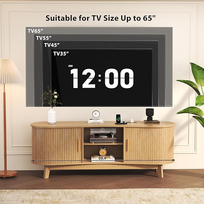 Mid Century Modern TV Stand for 65 Inch TVs, Fluted TV Stands with Open Shelves and Sliding Door, Media Cabinet with Power Outlet, Entertainment Center with Storage for Living Room, Natural