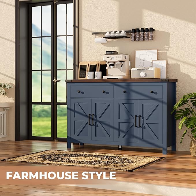 VVFLU 55'' Buffet Cabinet with Storage, Farmhouse Kitchen Storage Cabinet with 4 Doors and 2 Drawers, Coffee Bar Buffet Sideboard for Kitchen, Dining Room, Living Room, Blue Wood