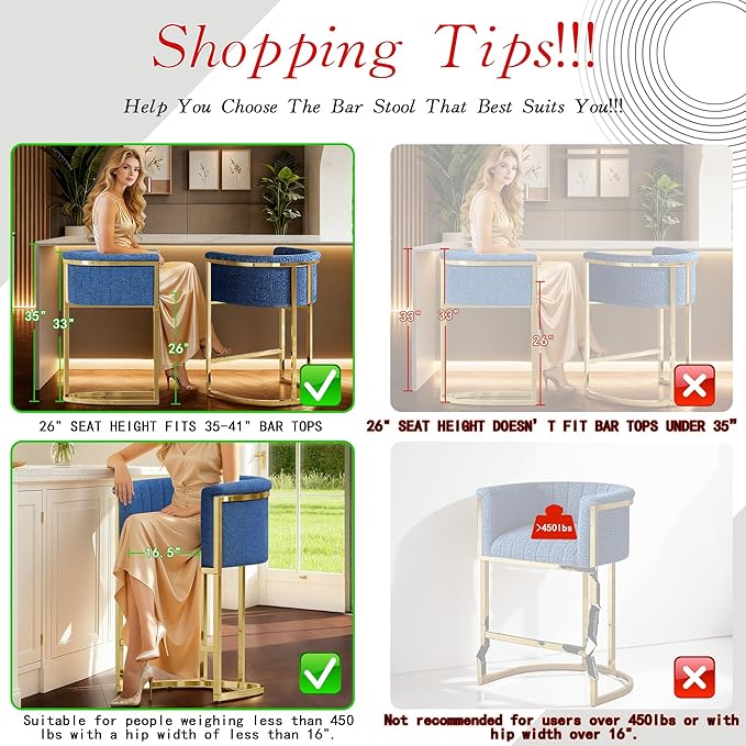 Modern Counter Height Bar Stools,Bar Stools Set of 4,Fabric Upholstered Barrel Barstools with Backs and Arms,26" Kitchen Island Chairs,Mirror Champagne Gold Base/Blue Linen