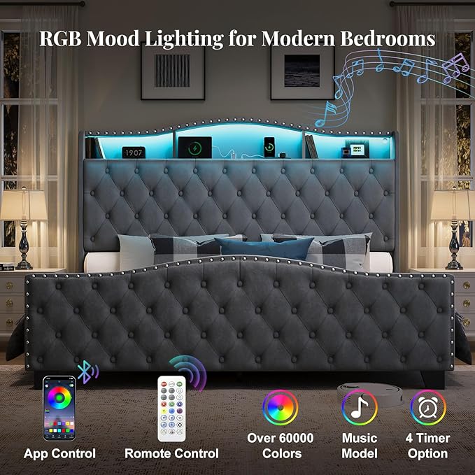 Belffin King Size Bed Frame and Headboard, 50.9" Velvet Upholstered Wingback Bedframe with LED Lights & Storage/Charging Station, Button Tufted Tall Footboard, No Box Spring Needed, Noise-Free, Grey