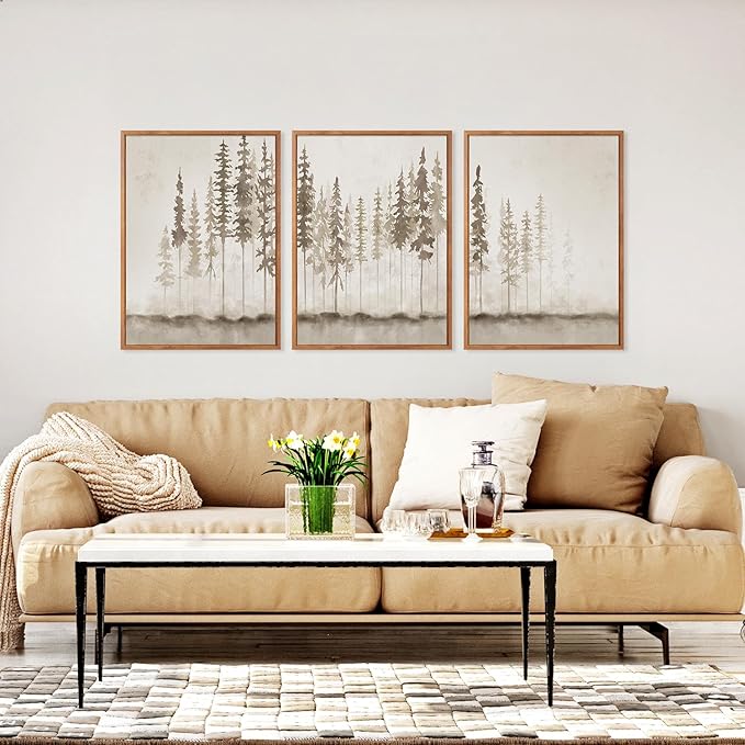 HPINUB Large Misty Forest Framed Canvas Wall Art Set, (Set of 3,12X16 Inch) Modern Foggy Pine Tree Wall Decor, Nature Landscape Wall Painting, Abstract Foggy Forest Art Print for Living Room, Office