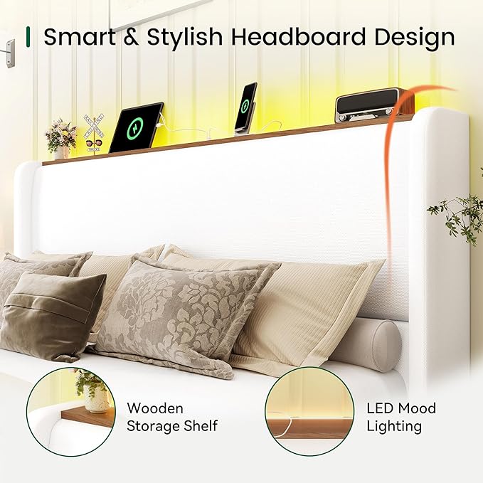 LARMACE King Size Bed Frame with LED Lights and Charging Station Linen Upholstered Platform Bed Frame with 51.2" Tall Wingback Headboard and Storage Shelf, No Box Spring Needed, Easy Assembly, White