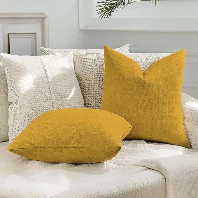 HAUSSY Mustard Yellow Throw Pillow Covers 26x26 Inch Set of 2,Boho Decorative Faux Linen Throw Pillows Cozy Farmhouse Accent Cushion Covers,Home Decor for Couch Sofa Bed Living Room