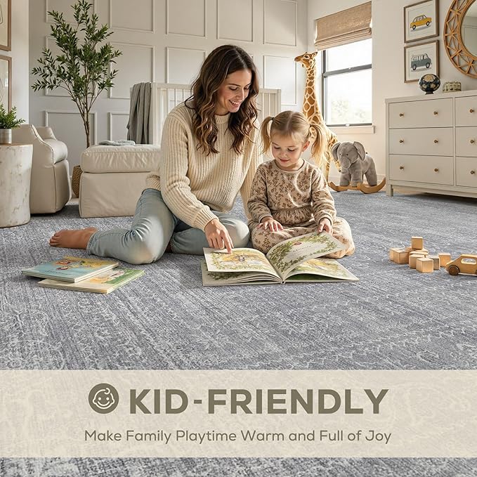 6x9 Area Rugs Living Room: Washable Large Vintage Grey Rug Neutral Non-Slip Soft Stain Resistant Indoor Carpet for Bedroom Nursery Dining Room Under Table Bed Home House Office Playroom