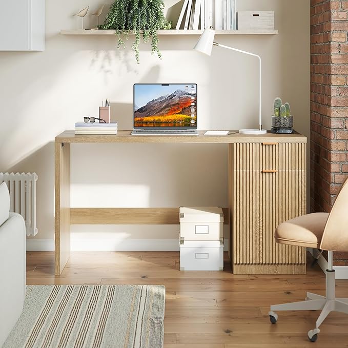 IDEALHOUSE Fluted Executive Desk with Drawers, 60" Modern Home Office Desk with Storage Cabinet, Wood Fluted Computer Desks Workstation for Working, Studying, Writing, Natural Oak