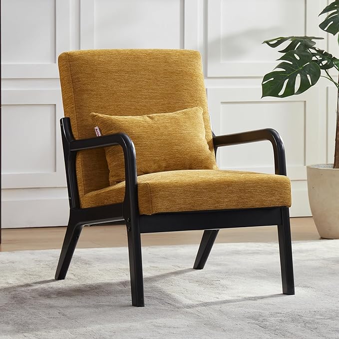 Achicsofar Accent Chair Mid Century Modern Armchair with Lumbar Support Pillow Wood Legs PU Leather Upholstered Lounge Chairs Comfy High Back Cushion for Living Room Bedroom