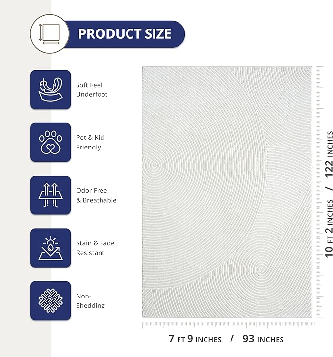 Abani Neutral Cream Area Rug 8' x 10' | White Luxury Zen Carpet | Minimalist Ivory Rugs for Bedroom, Living Room and Dining